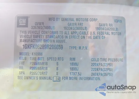 2009 GMC Yukon Xl 1500 Denali z USA, uszkodzony, nr VIN 1GKFK06289R206659